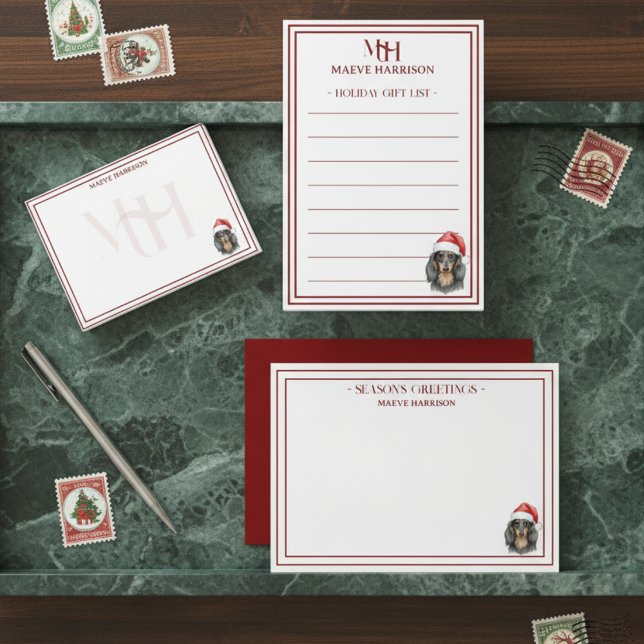 Anpassat Namn Handritad Dachshund Tomtehatt Platt Anteckningskort (Shop the full collection at Doodle Dogs & Co. on Zazzle!)