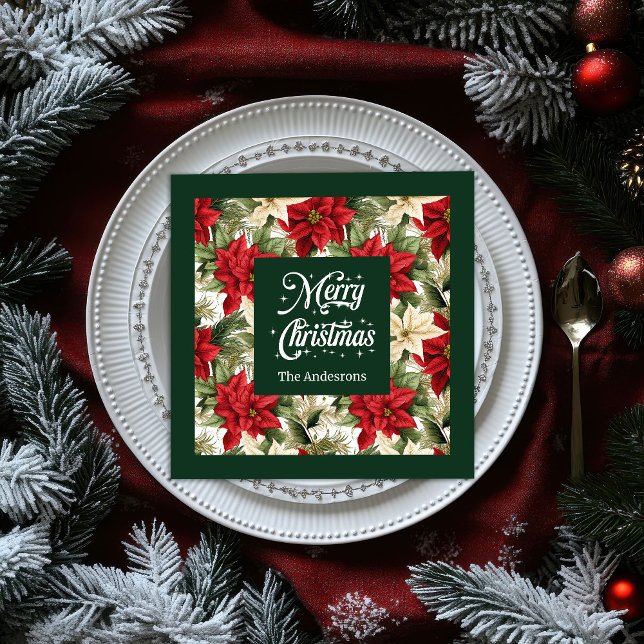 Anpassat namn Helgdag Napkins Chic Poinsettia Stil Pappersservett (Custom Name Holiday Napkins Chic Poinsettia Style)