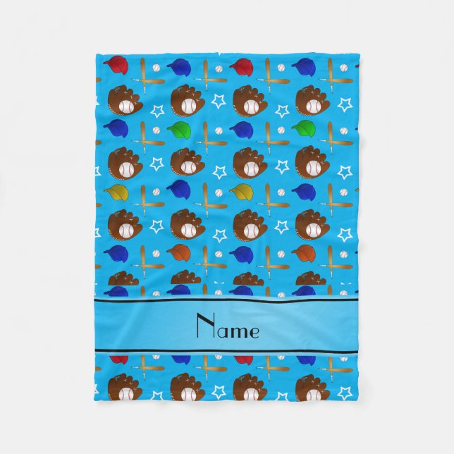 Anpassat namn himlar blå basebollhandshattar bolla fleecefilt (Framsidan)