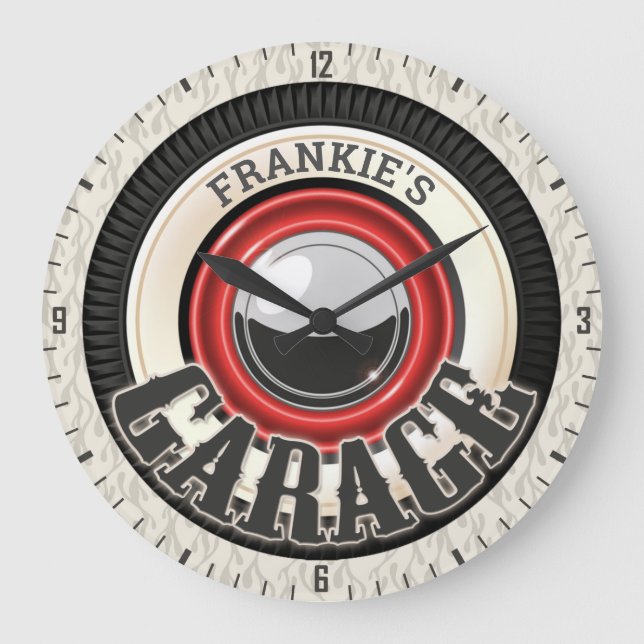 Anpassat namn Hot rod White Wall Däck Garage Stor Klocka (Framsida)