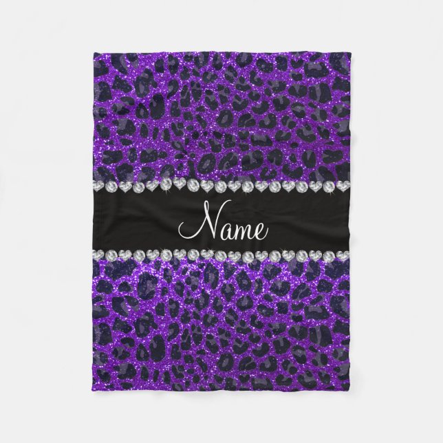 Anpassat namn indigo lila glitter leopard print fleecefilt (Framsidan)