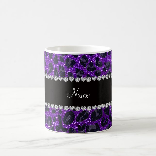 Anpassat namn indigo lila glitter leopard print kaffemugg (Center)