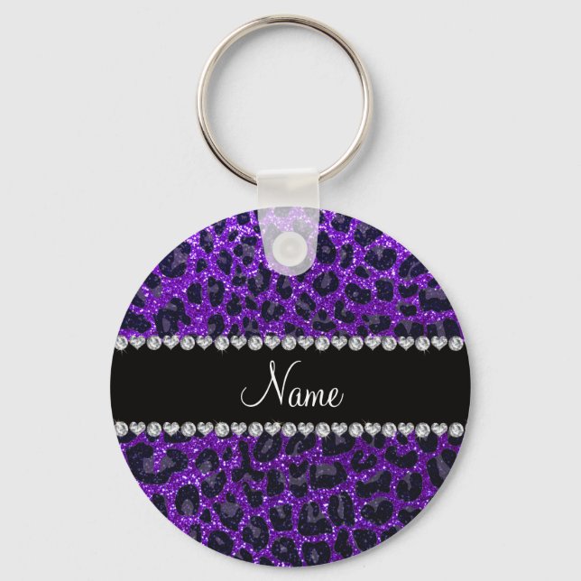 Anpassat namn indigo lila glitter leopard print nyckelring (Framsida)