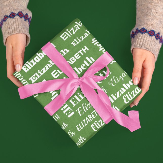 Anpassat namn - inledande monogram Grönt - vit gif Presentpapper (Custom Name Initial Monogram Green White Gift Wrapping Paper)