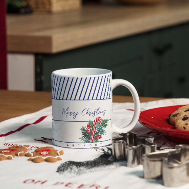 Anpassat namn | Jul för Candy cane och blått Rand Kaffemugg (Skapare uppladdad)