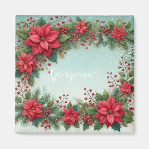 Anpassat namn Julens Blommigt Vattenfärg Poinsetti Magnet