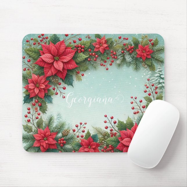 Anpassat namn Julens Blommigt Vattenfärg Poinsetti Musmatta (Med mus)