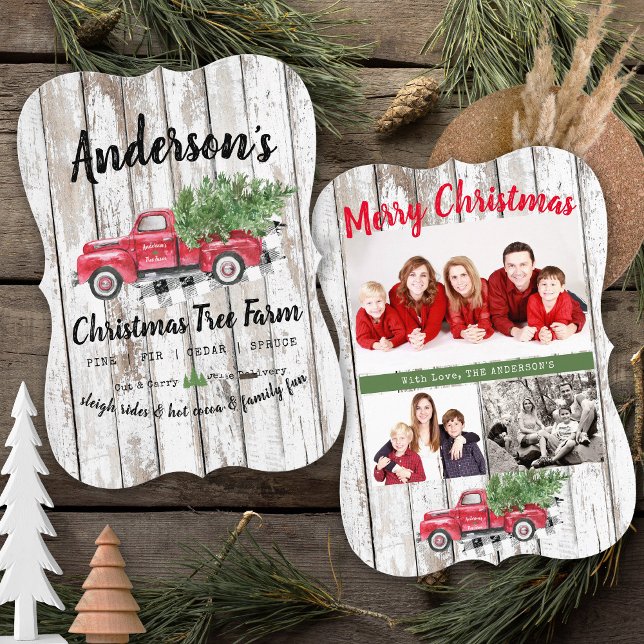 Anpassat namn Julgran Farm 3 Photo Red Lastbil (Rustic Vintage Christmas tree Farm truck Card, Bracket, Personalized Family Name, Farmhouse Chic)