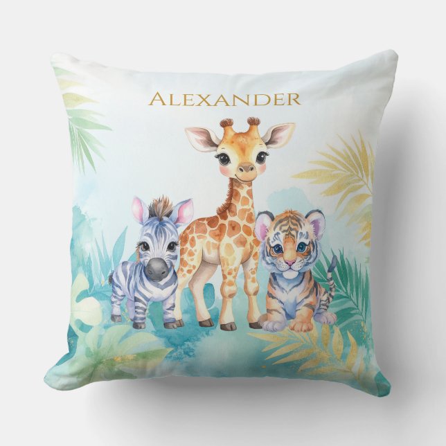 Anpassat namn Jungle Baby Zebra Giraffe och Tiger Kudde (Framsida)