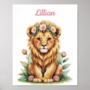 Anpassat namn Jungle Girl Nursery Baby Lejon Poster