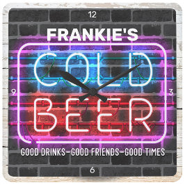 Anpassat NAMN Kall Beer Pub Faux Neon Man Cave Fyrkantig Klocka