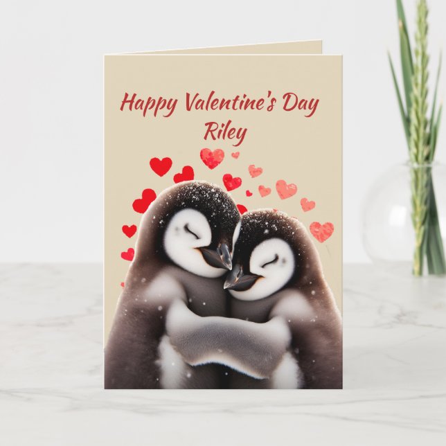 Anpassat namn Kärlek Cute Penguins Hearts Helgkort (Framsida)