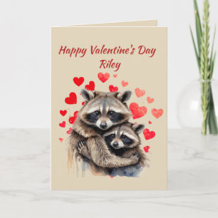 Anpassat namn Kärlek Cute Raccoon Animal Hearearts Helgkort