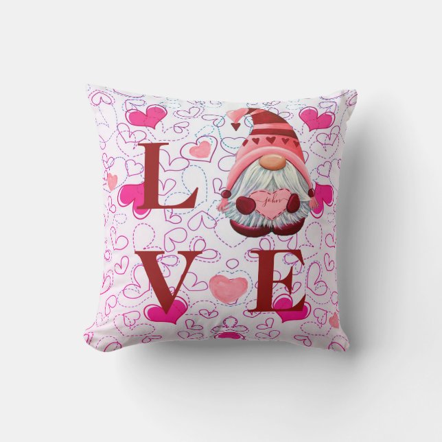 Anpassat namn KÄRLEK Hearts Gnome Valentiness Gift Kudde (Framsida)