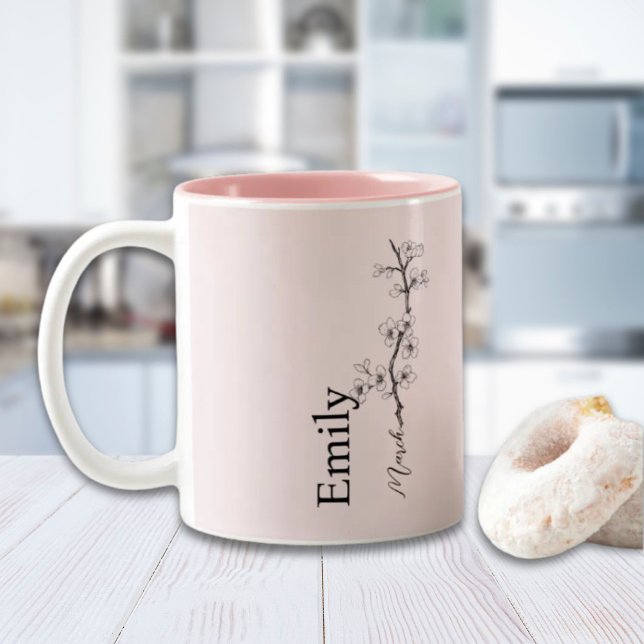 Anpassat Namn Körsbärsblom March Födelsedagsblomma Två-Tonad Mugg (Custom Name Cherry Blossom March Birth Flower Two-Tone Coffee Mug)