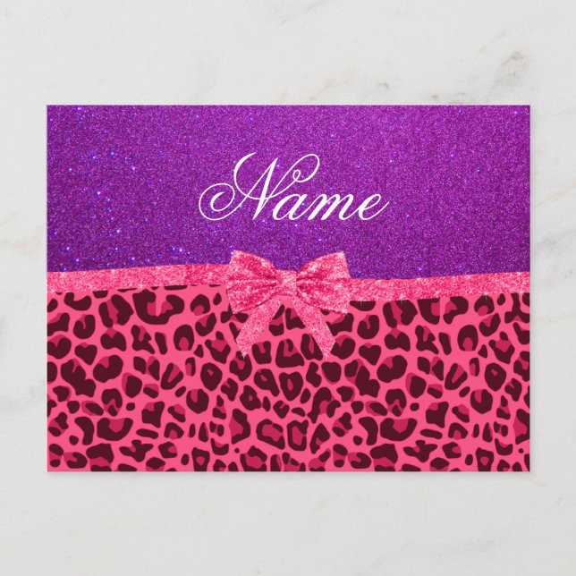 Anpassat namn lila glitter rosa leopardbög vykort (Framsida)