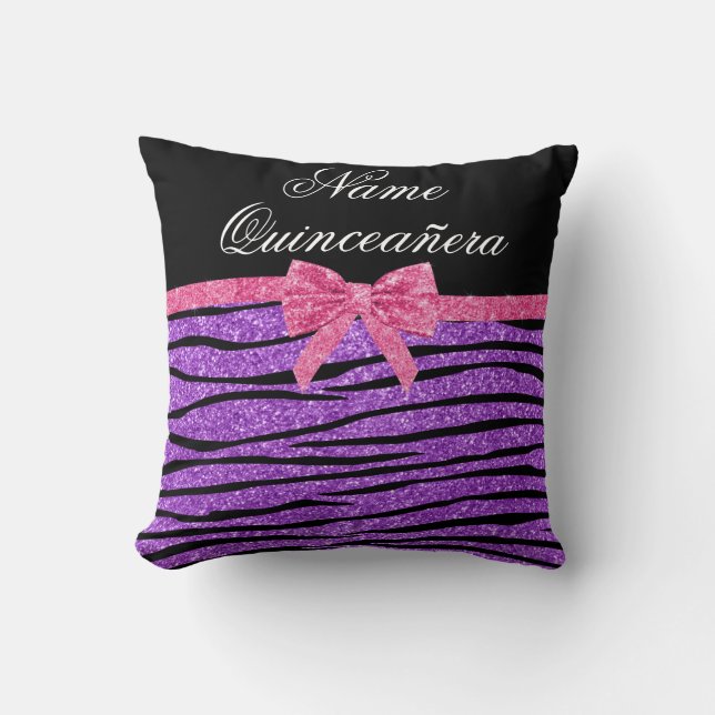 Anpassat namn lila glitter zebra quinceañera kudde (Framsida)