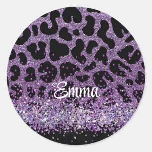 Anpassat namn Lila Leopard glitter Runt Klistermärke