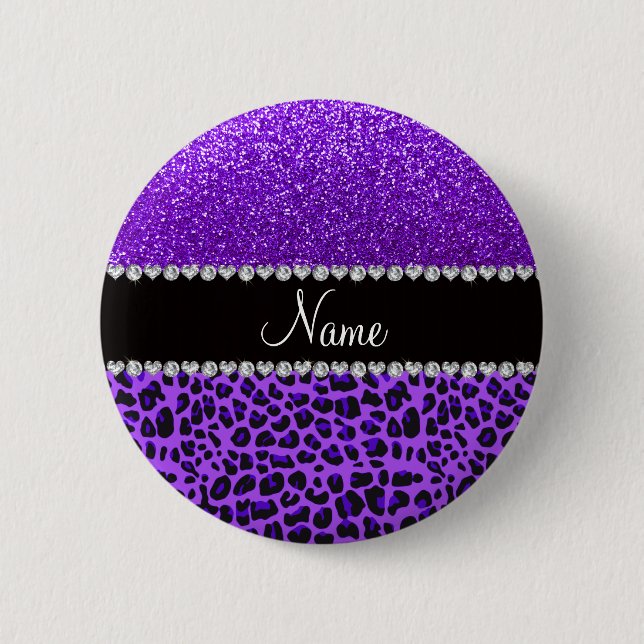 Anpassat namn lila leopard indigo lila glitter knapp (Framsida)