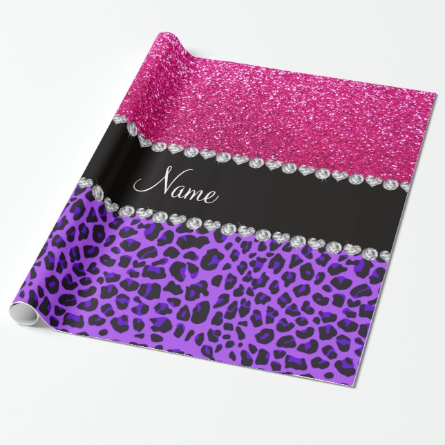 Anpassat namn lila leopard neon shock rosa glitter presentpapper (Utrullad)