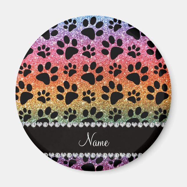 Anpassat namn, ljus regnbåge, svart hund glitter t magnet (Framsidan)