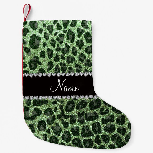 Anpassat namn ljust grönt glitter leopard liten julstrumpa (Framsidan)
