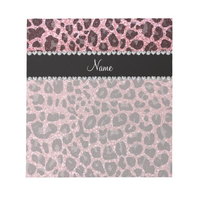 Anpassat namn ljust rosa glitter leopard anteckningsblock (Framsida)