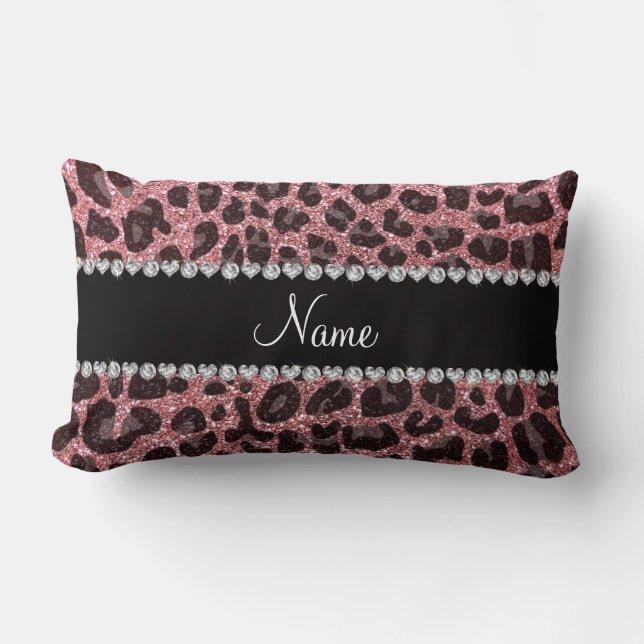 Anpassat namn ljust rosa glitter leopard lumbarkudde (Framsida)