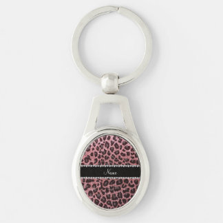 Anpassat namn ljust rosa glitter leopard ovalt silverfärgad nyckelring