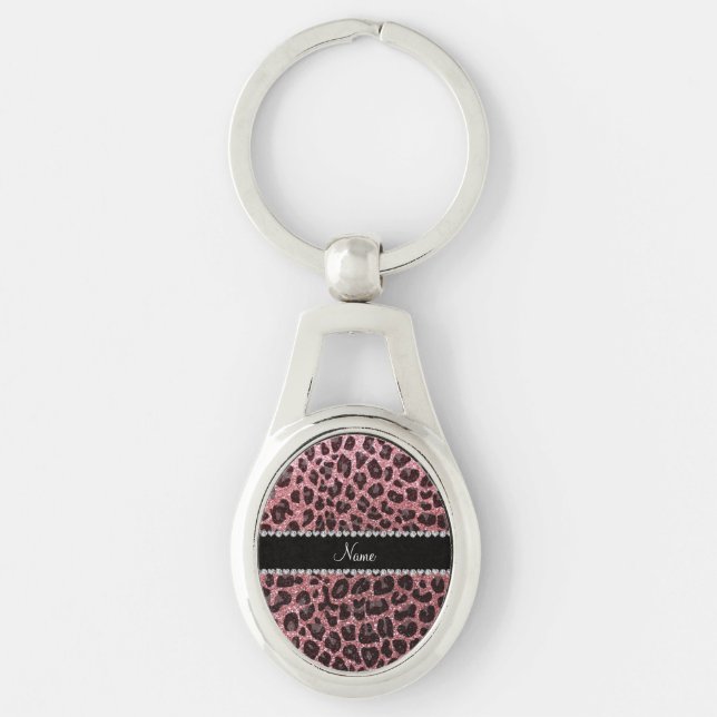 Anpassat namn ljust rosa glitter leopard ovalt silverfärgad nyckelring (Framsidan)