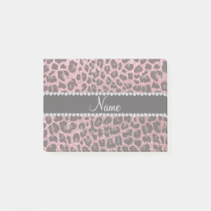 Anpassat namn ljust rosa glitter leopard post-it block
