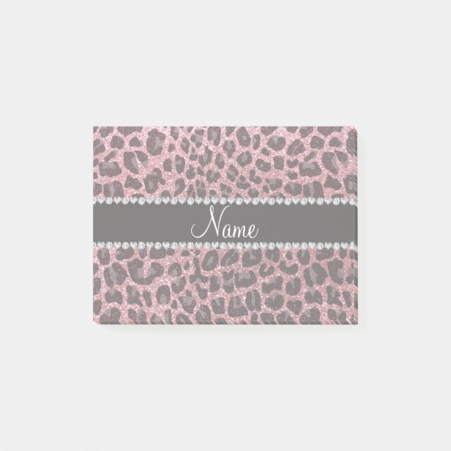 Anpassat namn ljust rosa glitter leopard post-it block (Framsida)