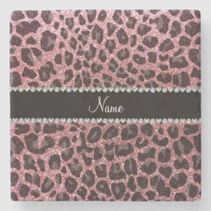 Anpassat namn ljust rosa glitter leopard underlägg sten
