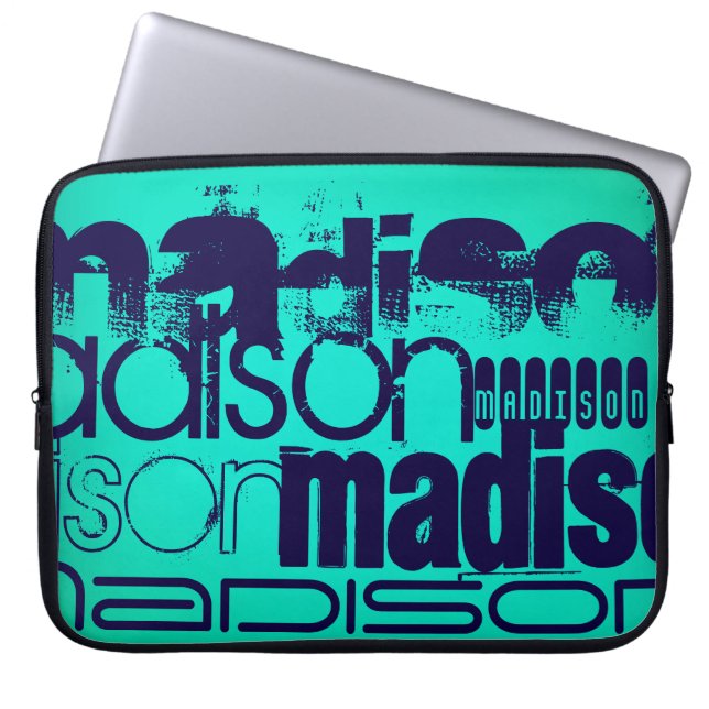 Anpassat namn, marinblått och neon Aqua-turkos Laptop Sleeve (Framsidan)