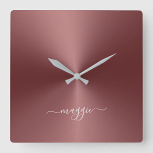 Anpassat namn Maron Metallic Stil Acrylic Fyrkantig Klocka