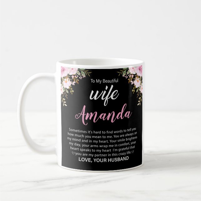 Anpassat Namn med Rosa Ros Meddelande för Hustru Kaffemugg (Vänster)
