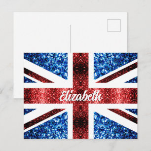 Anpassat namn med UK röda blå glitter Vykort