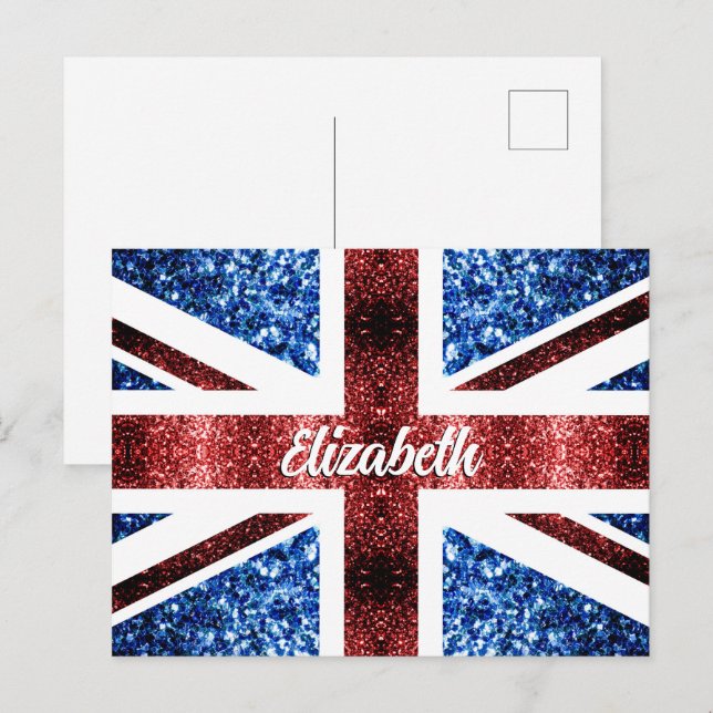 Anpassat namn med UK röda blå glitter Vykort (Fram/baksida)