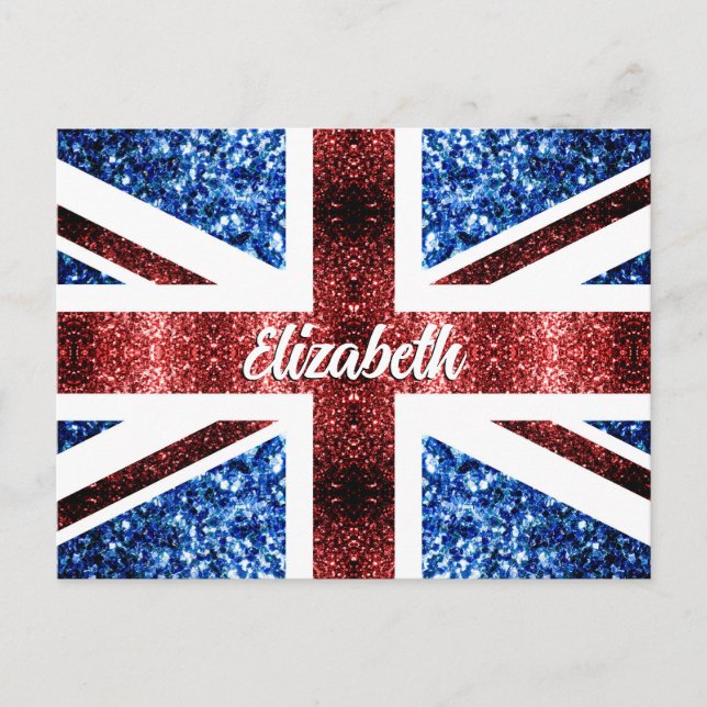 Anpassat namn med UK röda blå glitter Vykort (Framsida)