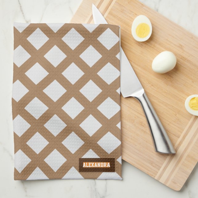Anpassat namn, modernt trendig mönster-vit brun ch kökshandduk (Vikt i Fjärdedel)