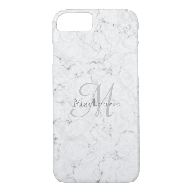 Anpassat namn Monogram Elegant Marble White Grått Case-Mate iPhone Skal (Baksida)