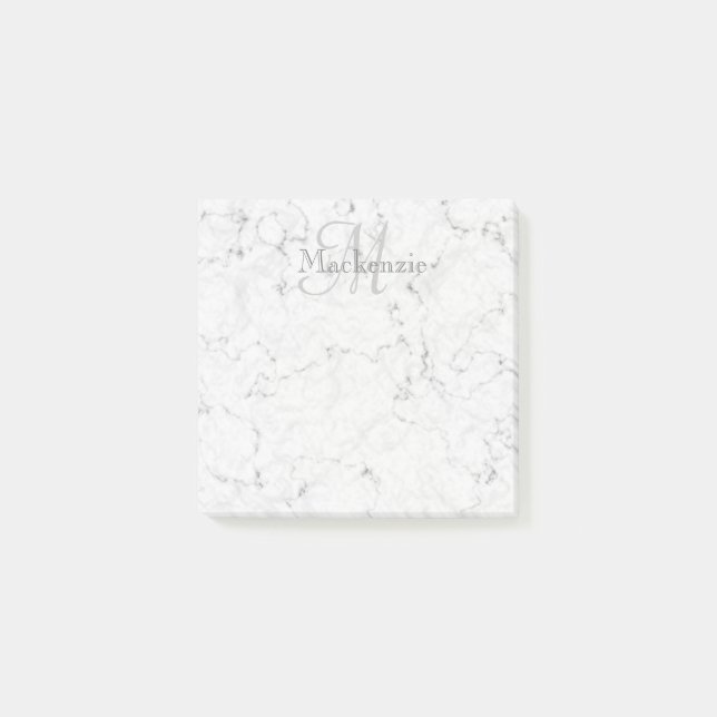 Anpassat namn Monogram Elegant Marble White Grått Post-it Block (Framsida)