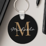 Anpassat namn Monogram Glamous-skript svart Nyckelring<br><div class="desc">Skapa din egen personlig svart runt-nyckelkedja med handskrivet skript namn och monogram för glam-anpassningsbar.</div>
