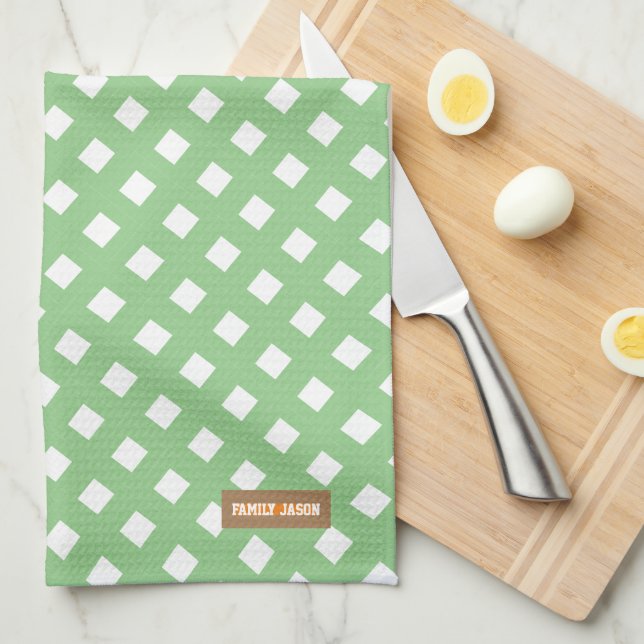 Anpassat namn, monogram, modern grönt i mönster, v kökshandduk (Vikt i Fjärdedel)