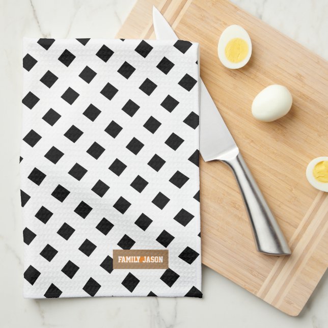 Anpassat namn monogram modern svart mönster-vit kökshandduk (Vikt i Fjärdedel)