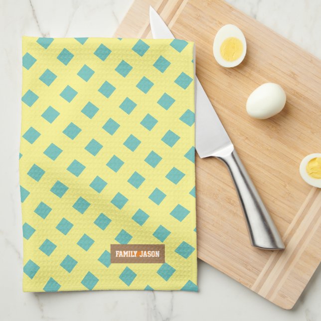 Anpassat namn, monogram, modernt mönster-gult blåt kökshandduk (Vikt i Fjärdedel)