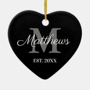 Anpassat namn monogram svart och vit jul julgransprydnad keramik