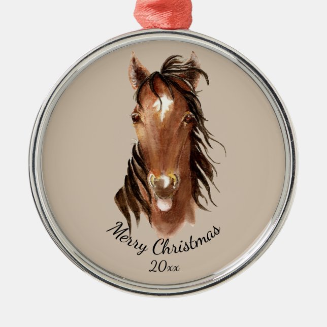 Anpassat namn, Monogram, Textvattenfärgshäst Julgransprydnad Metall (Framsidan)