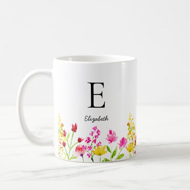 Anpassat namn Monogram Wildblommor Watercolor Kaffemugg (Vänster)