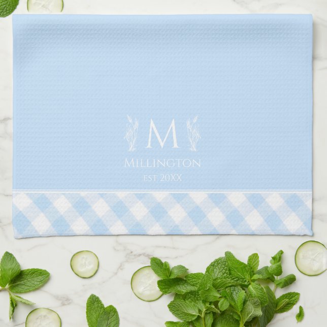 Anpassat namn Monogrammed Blue & White Gingham Kökshandduk (Vikta)
